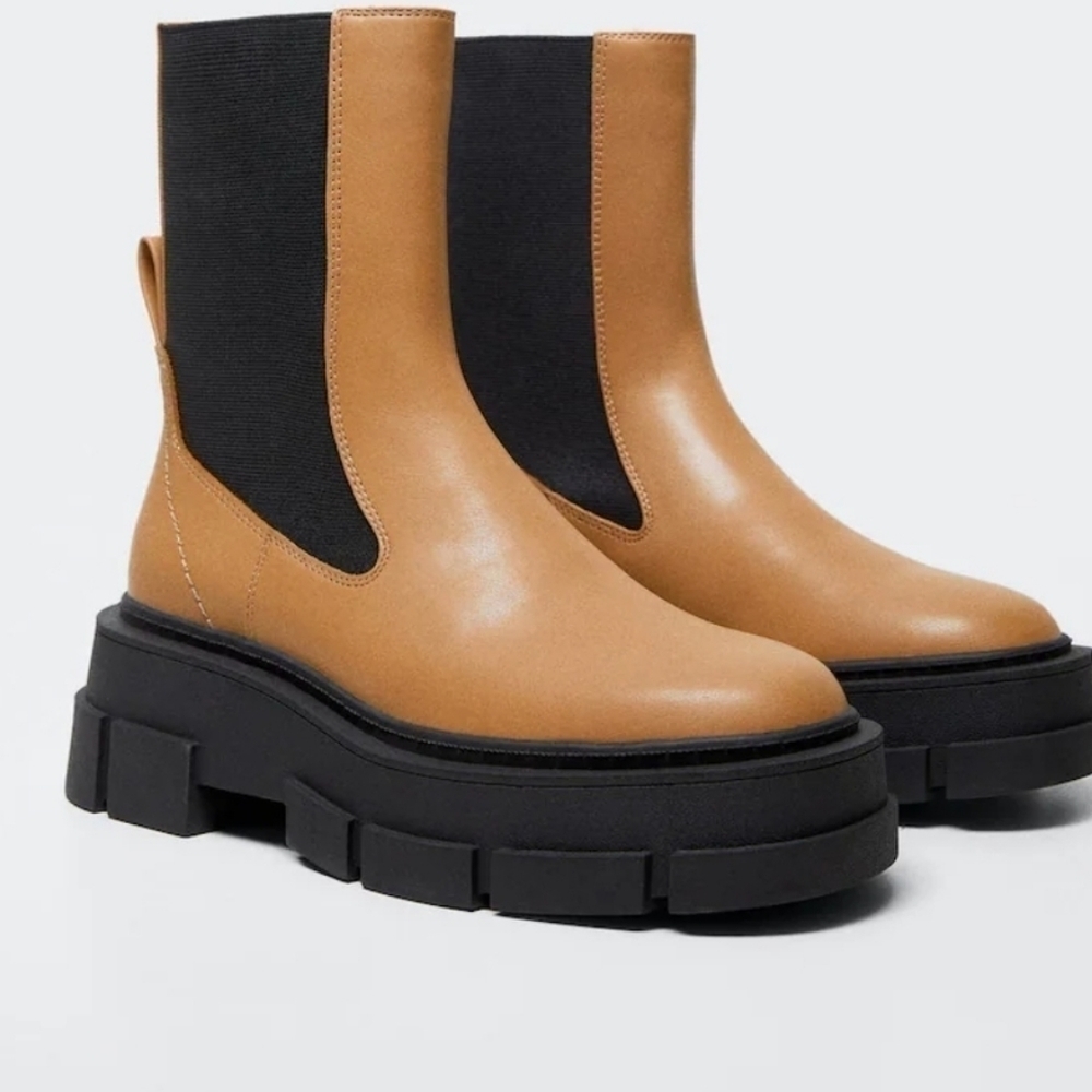 Mango|Womens Tan Platform Track Sole Contrast Panels Ankle Boot Neutral Sz.EU 40